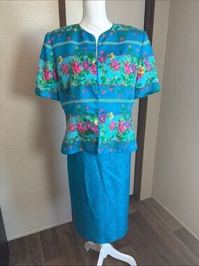 Adrianna Papell 100% Silk Floral Skirt Suit Set Sz 14 Teal Vintage Elegant